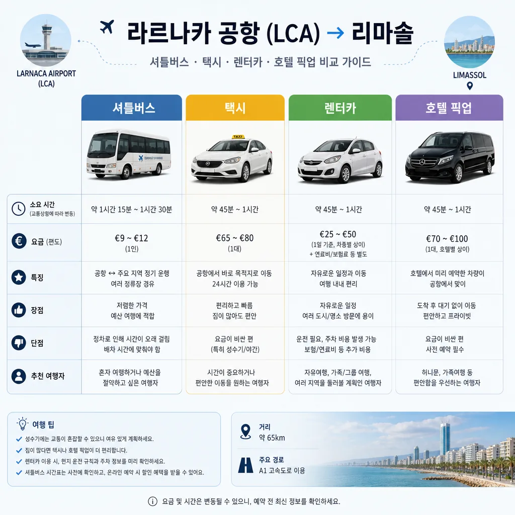 라르나카 공항에서 리마솔 가는 법 비교표